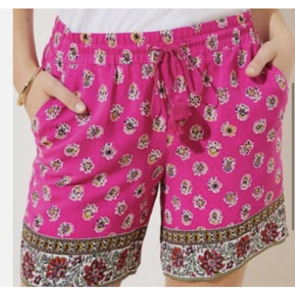 LOFT Pink Border Floral Fluid Drawstring Shorts Size Small
